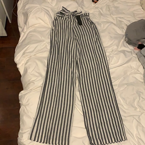 Heidi Striped Belted Pant (Cream and dark Blue) - Picture 1 of 4